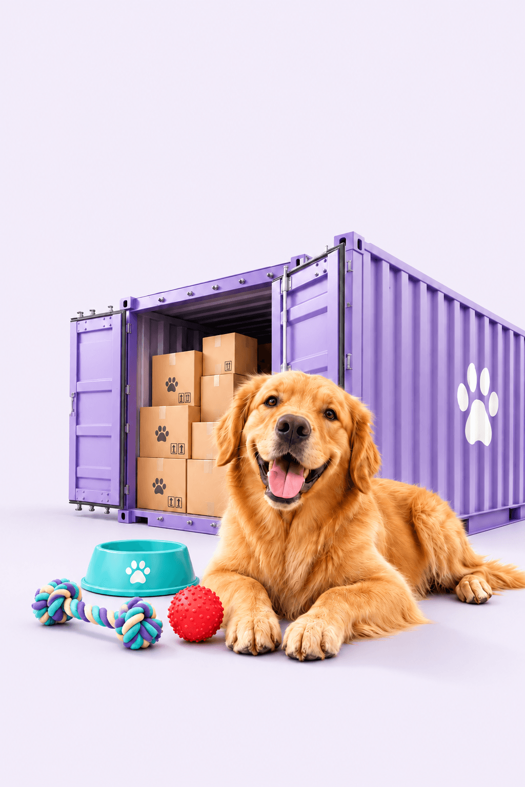 Três cães sobre um fundo roxo-pastel da Dogs Era